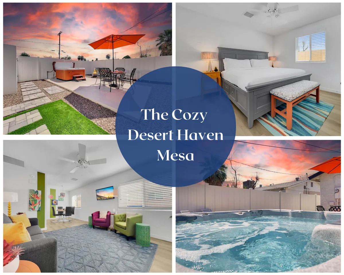 The hero image showcases a tranquil outdoor seating area with a bubbling hot tub, inviting guests to unwind under Arizona’s sunset skies. The cozy living room and a sunlit bedroom are also partially visible through wide windows, hinting at a warm, comfortable interior perfect for relaxing or gathering with friends.